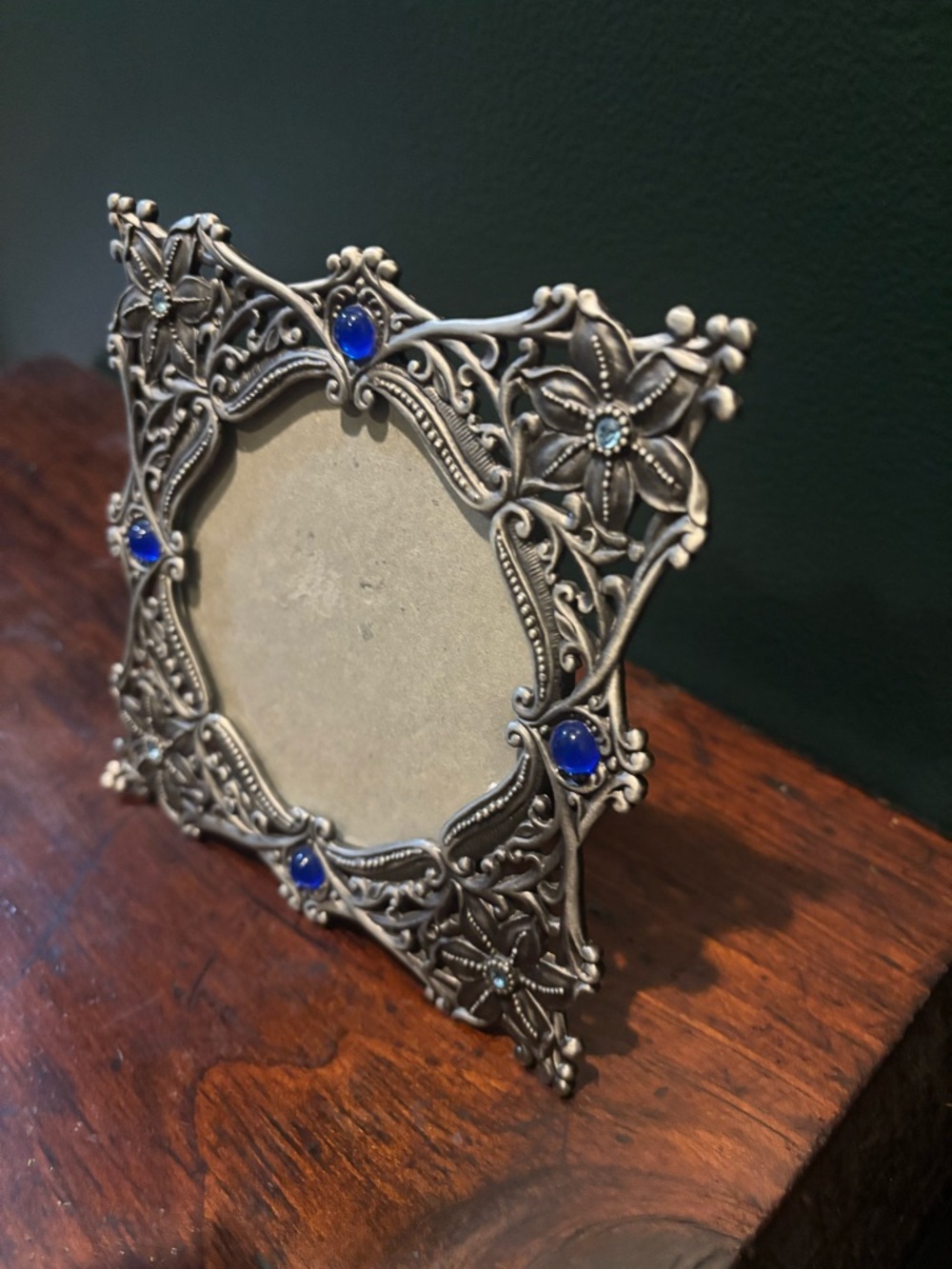 Stunning Vintage Ornate Silver Picture Frame with Blue Jewel Accents - Picture 2 of 3